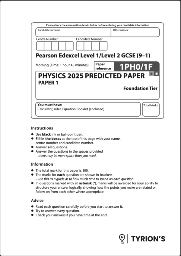Edexcel GCSE Physics Foundation 2025 Predicted Papers 1PH0