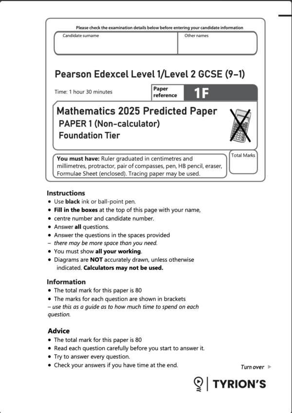 Edexcel GCSE Mathematics Foundation 2025 Predicted Papers 1MA1