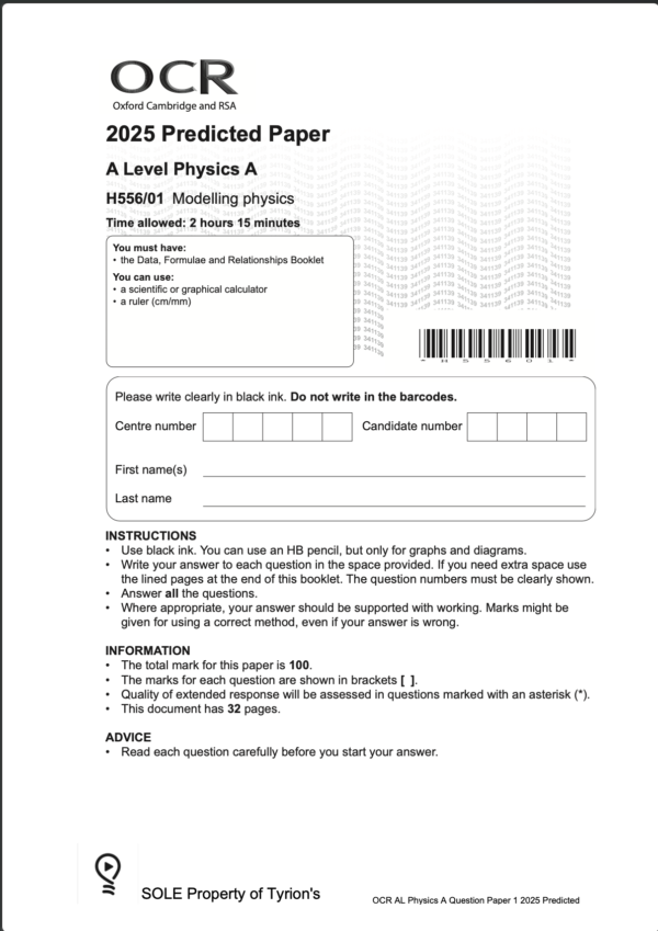 OCR A Level Physics A 2025 Predicted Papers H556A