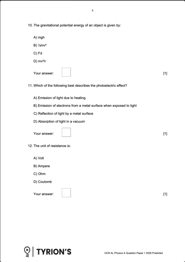 OCR A Level Physics A 2025 Predicted Papers H556A