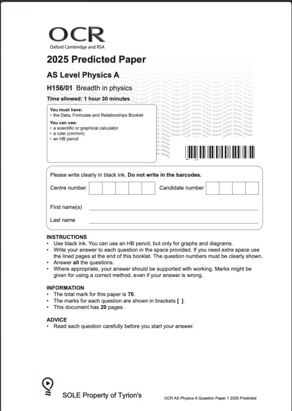 OCR AS Level Physics A 2025 Predicted Papers H156