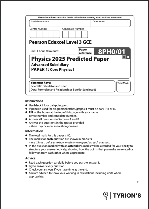 Edexcel AS Level Physics 2025 Predicted Papers 8PH0