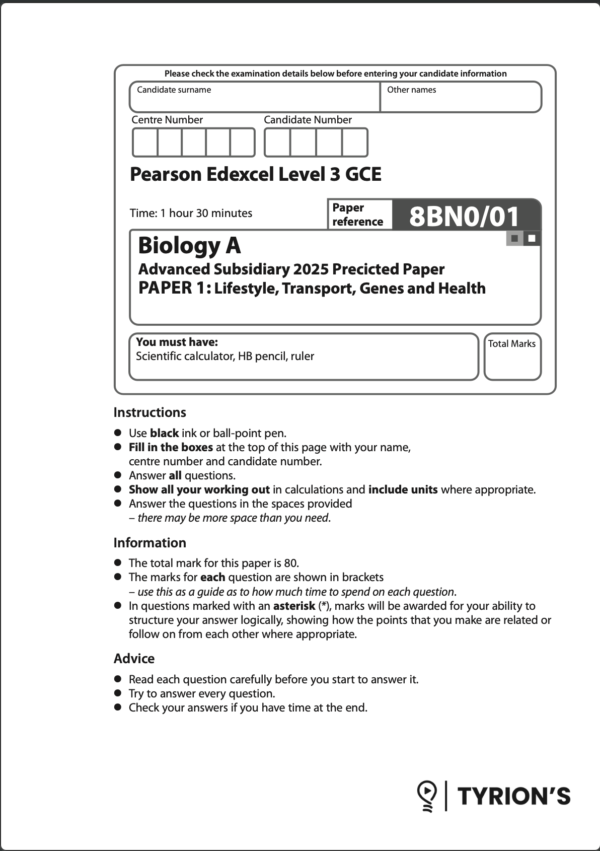Edexcel AS Level Biology A 2025 Predicted Papers 8BN0