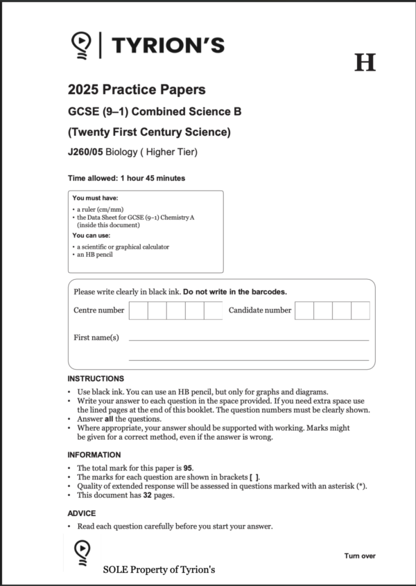OCR GCSE Combined Science B Higher 2025 Predicted Papers J260