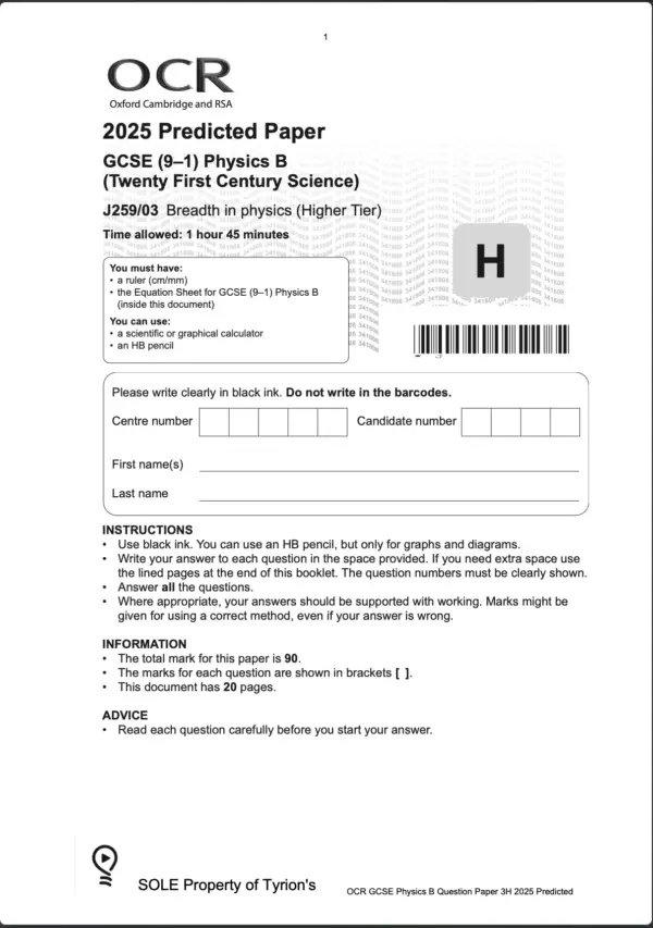 OCR GCSE Physics B Higher 2025 Predicted Papers J259