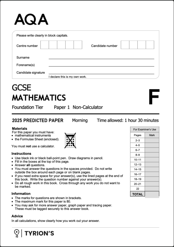 AQA GCSE Mathematics Foundation 2025 Predicted Papers 8300