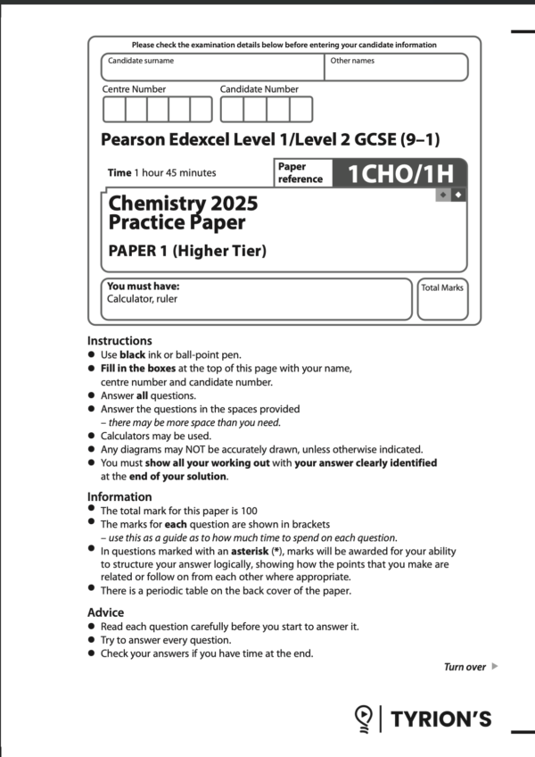 Edexcel GCSE Chemistry Higher 2025 Predicted Papers 1CH0