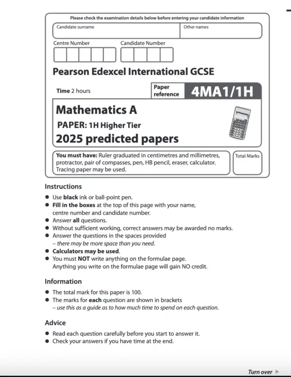 Edexcel IGCSE Mathematics 2025 Predicted Papers 4MA