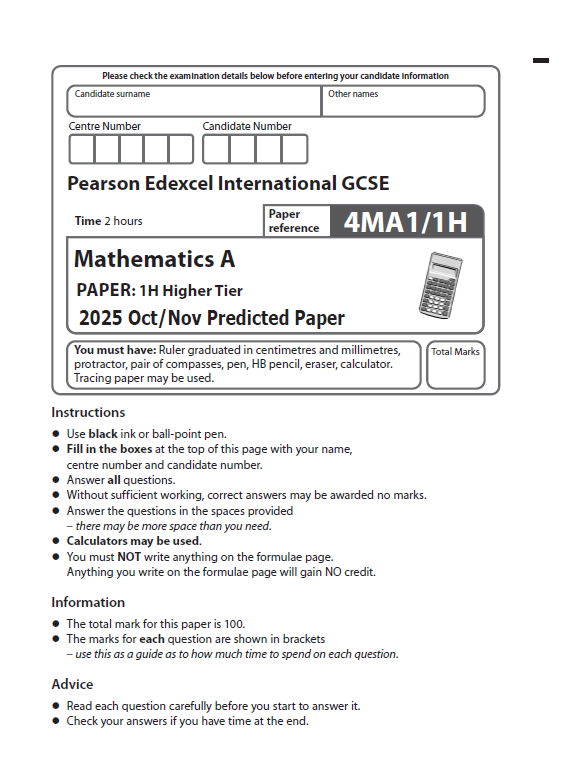 Edexcel International GCSE (IGCSE) Mathematics A Higher 2025 Oct/Nov Predicted Papers - Image 3