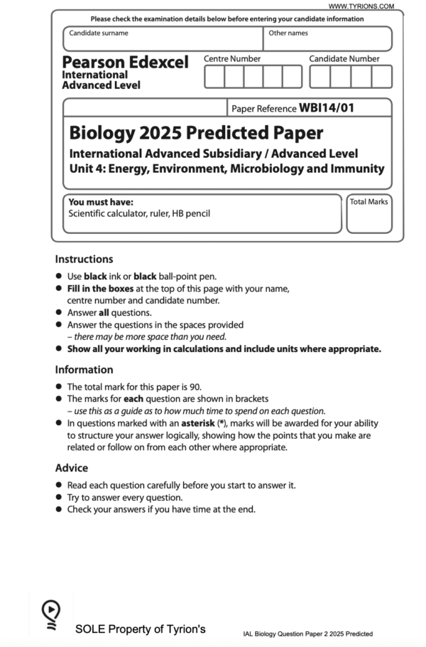 EDEXCEL IAL BIOLOGY 2025 PREDICTED PAPERS
