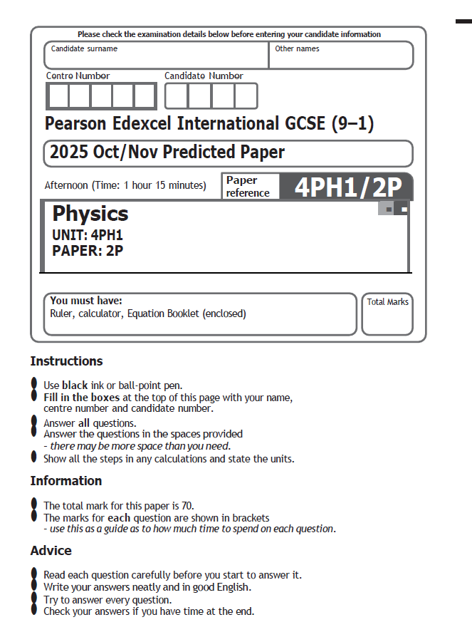 Edexcel International GCSE (IGCSE) Physics 2025 Oct/Nov Predicted Papers