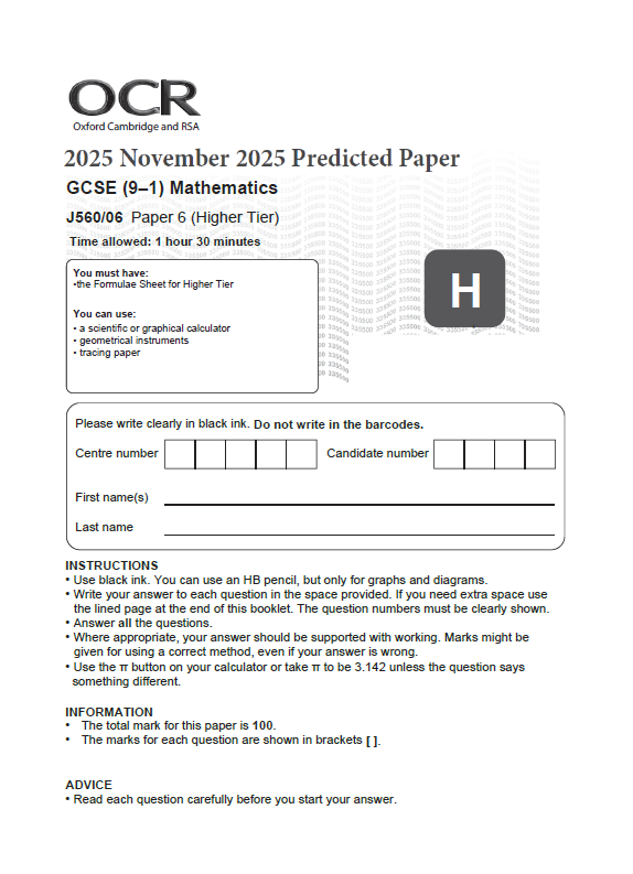 OCR GCSE Mathematics Higher November 2025 Predicted Papers J560 - Image 2